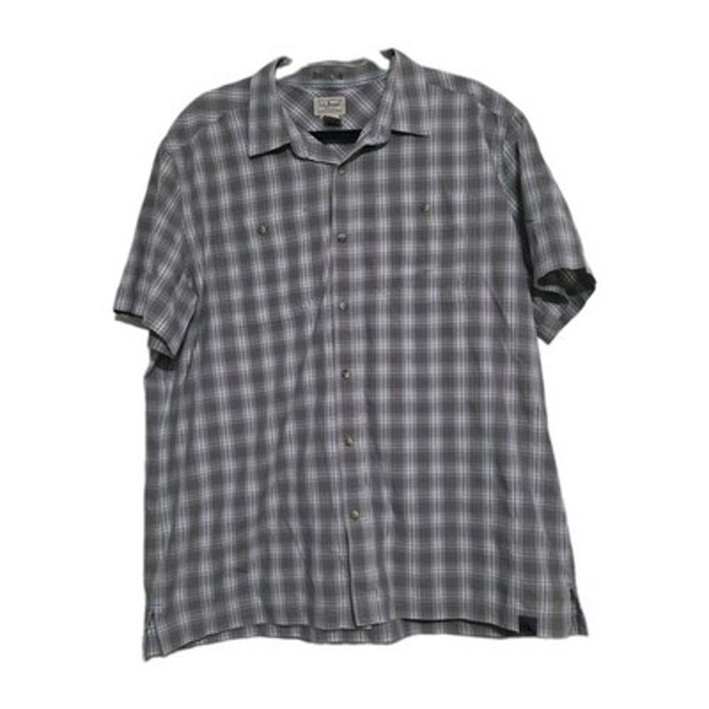 Vtg LL Bean Plaid Short Sleeve Button Up Shirt Men XL Traveler Gray Blue Gorpcor